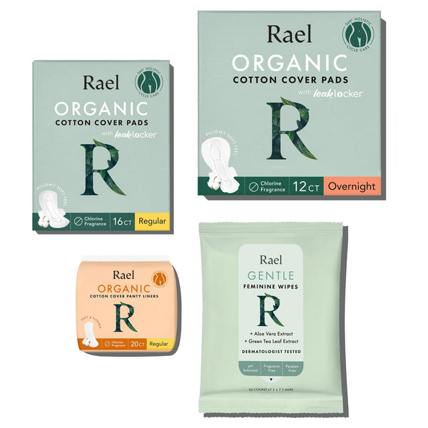 Rael Period Essential Value Set - Organic Cotton Cover Regular & Overnight Pads, Regular Liners and pH Balanced Feminine Wipes