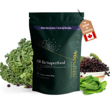 Younited All-In Superfood Greens Powder | Made in Canada | 53 Premium Organic Food Ingredients | 6 Servings of Vegetables + Fruit per Scoop | Loaded w/Phytonutrients | Elderberry Acai (30 Servings)