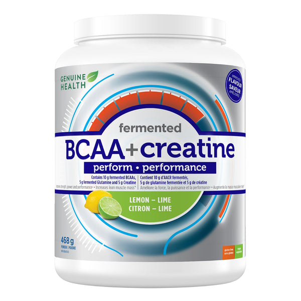 Genuine Health Fermented BCAA's + Creatine, 468g, Improves trength, power and athletic performance, Increases lean muscle mass, Lemon-lime flavour, Gluten-free, Non-GMO, Vegan