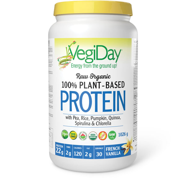 VegiDay Raw Organic Plant Based Protein 20g, French Vanilla, 1110g with Pea, Pumpkin, Chia, Quinoa, Spirulina & Chlorella