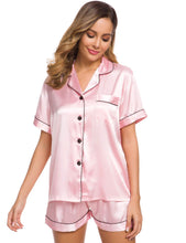 SWOMOG Womens Silk Satin Pajamas Set Short Sleeve Button Down Sleepwear Loungewear 2 Pcs Pj Sets Pink Medium