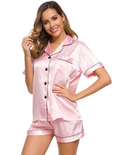 SWOMOG Womens Silk Satin Pajamas Set Short Sleeve Button Down Sleepwear Loungewear 2 Pcs Pj Sets Pink Medium