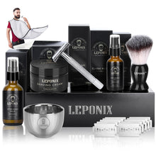 Shaving Kit for Men, Include Safety Razor, Sandalwood Shaving Cream, Mens aftershave, Pre Shave Oil, Shaving Brush and Bowl, Shaving Apron Bib -Shaving Gifts Set for Him Dad Men Stocking Stuffers (Black)