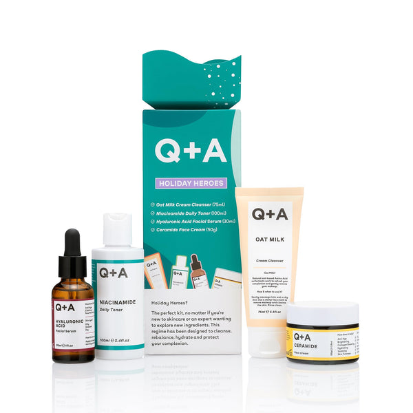 Q+A Holiday Heroes Skincare Giftset – 4-Step Regime with Oat Milk Cleanser, Niacinamide Toner, Hyaluronic Acid Serum, Ceramide Face Cream – Vegan, Cruelty-Free, UK Made, Nourishing and Hydrating