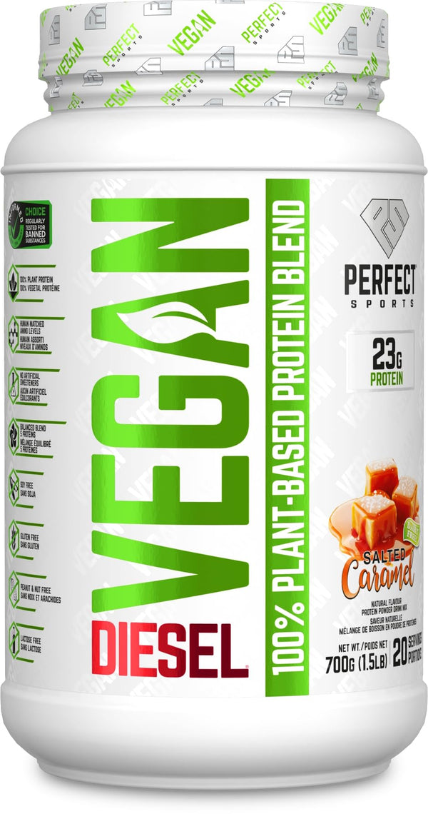 PERFECT Sports - DIESEL Vegan, 100% Plant-Based Protein Powder, Salted Caramel (20 Servings, 700g)