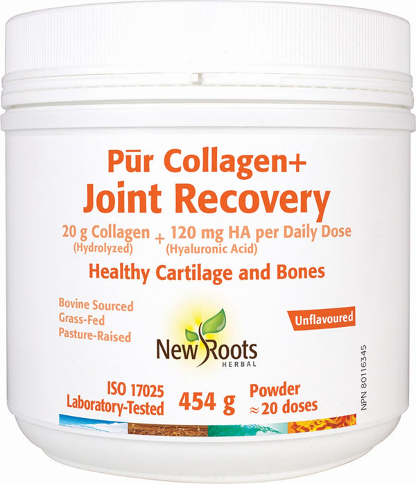 New Roots Herbal Pur Collagen + Joint Recovery, 454g - 20g Collagen, 120mg HA, Hydrolyzed Collagen Peptides Powder for Men & Women - Supports Cartilage, Bones and Joints, Collagen Supplement