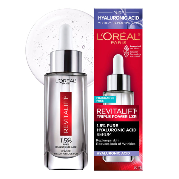 L’Oréal Paris 1.5% Pure Hyaluronic Acid Face Serum, Hydrates and Plumps Skin, Reduces the Look of Wrinkles, Revitalift, For All Skin Tones & Types, Fragrance Free, Non Comedogenic, 30ml