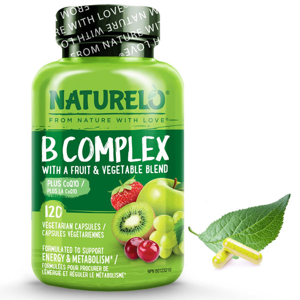 NATURELO B Complex - Whole Food Complex with Vitamin B6, Folate, B12, Biotin - Supplement for Energy and Stress - High Potency - Vegan - Vegetarian - Non GMO - Gluten Free - 120 Capsules