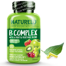 NATURELO B Complex - Whole Food Complex with Vitamin B6, Folate, B12, Biotin - Supplement for Energy and Stress - High Potency - Vegan - Vegetarian - Non GMO - Gluten Free - 120 Capsules