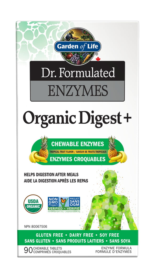 Garden of Life Dr. Formulated Enzymes Organic Digest + Chewables, 90 Count, Tropical Fruit. Helps Digestion After Meals. 120,000 FCC Units of Papain. Dr. Perlmutter formulated Organic Digest+ to be the first and only full-spectrum digestive enzyme formula