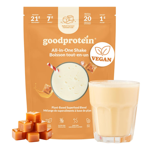 Good Protein Vegan Plant-based Protein Powder 100% Natural, Non-GMO, Dairy-free, Gluten-free, Soy-free, No Added Sugar and Nothing Artificial. Salted Caramel All-in-One Shake 440 grams