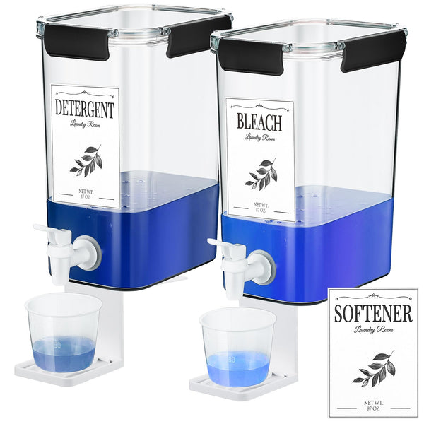 Soaoo 2 Pcs Laundry Detergent Dispenser 87 oz Liquid Soap Dispenser with Faucet for Laundry Room 2 Liquid Detergent Holder with Labels and 2 Measuring Cup Fabric Softener Container