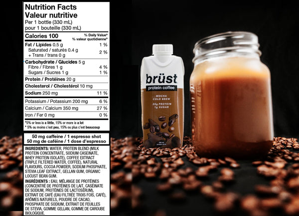 BRÜST PROTEIN COFFEE MOCHA - Chocolatey slightly sweet (20g Protein, 50mg Caffeine, 100 Calories) Chocolatey, Smooth, Slightly Sweetened Cold Brew Coffee, 330mL, 12 Pack, Brust Iced Coffee - AS SEEN ON DRAGON'S DEN