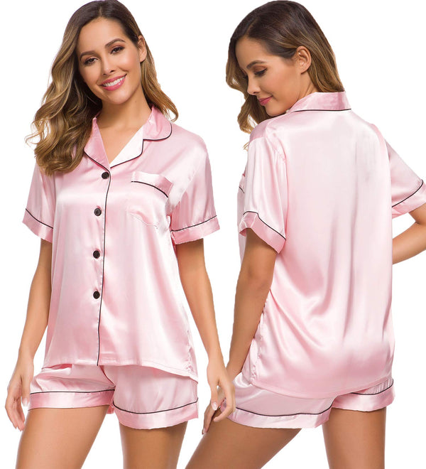 SWOMOG Womens Silk Satin Pajamas Set Short Sleeve Button Down Sleepwear Loungewear 2 Pcs Pj Sets Pink Medium