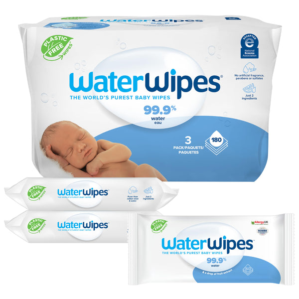 WaterWipes Plastic-Free Original 99.9% Water Based Wipes, Unscented & Hypoallergenic for Sensitive Skin, 180 Count (3 packs), Packaging May Vary