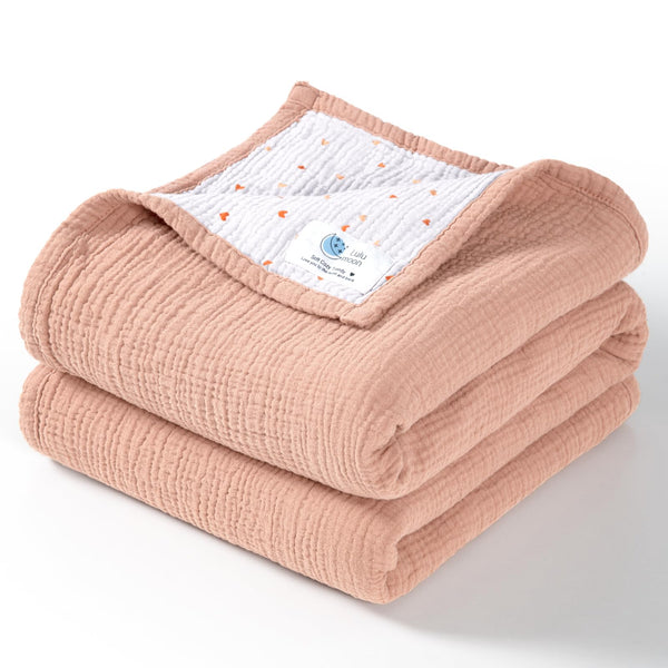 Lulu moon Muslin Baby Blanket - Cotton Quilt Blankets for Toddlers - Reversible Nursery Crib Blanket for Baby Boys and Girls 47"x47"(Peach Pink)