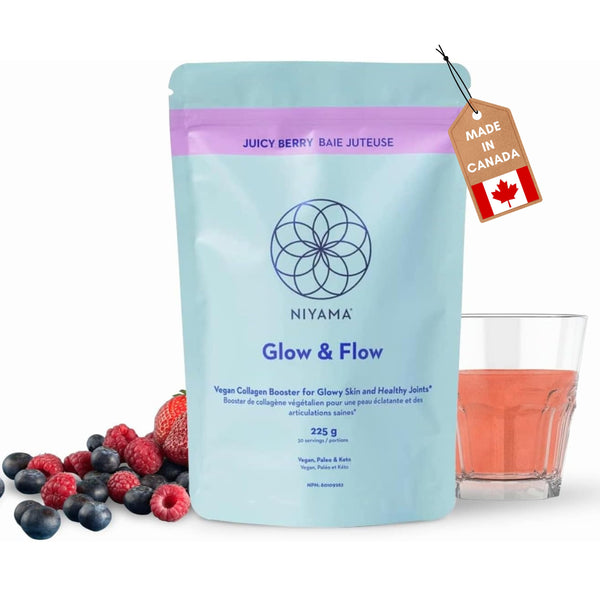 Vegan Collagen Powder | NIYAMA Glow & Flow for Healthy Skin, Hair, Joints, Bones | Made in Canada | Collagen Boosting Supplement | Juicy Berry (30 servings)