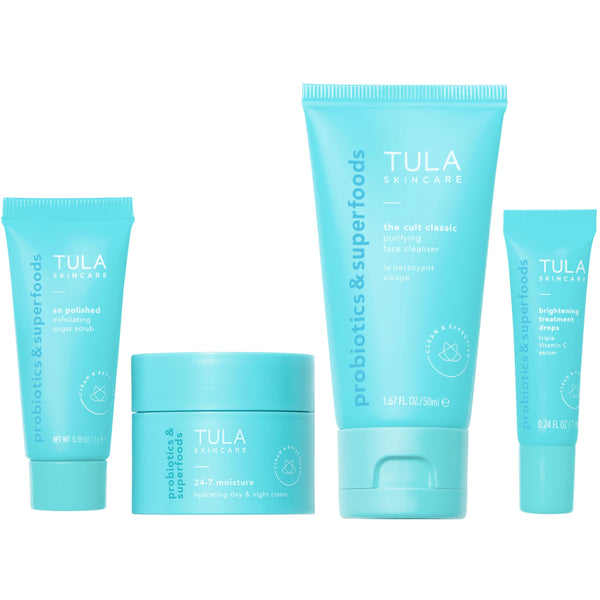 Tula Skin Care On the Go Best Sellers Travel Kit | Facial Cleanser, Day & Night Moisturizer, Sugar Scrub & Vitamin C Serum for Glowing, Radiant Skin, 1.0 Count