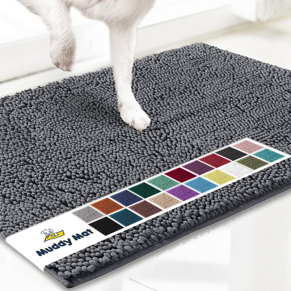 Muddy Mat® AS-SEEN-ON-TV Highly Absorbent Microfiber Door Mat and Pet Rug, Non Slip Thick Washable Area and Bath Mat Soft Chenille for Kitchen Bathroom Bedroom Indoor and Outdoor - Grey Medium 30"X19"