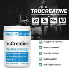 PEScience TruCreatine Powder with Creapure Creatine Monohydrate, Micronized, 5 Grams per Serving, 90 Servings