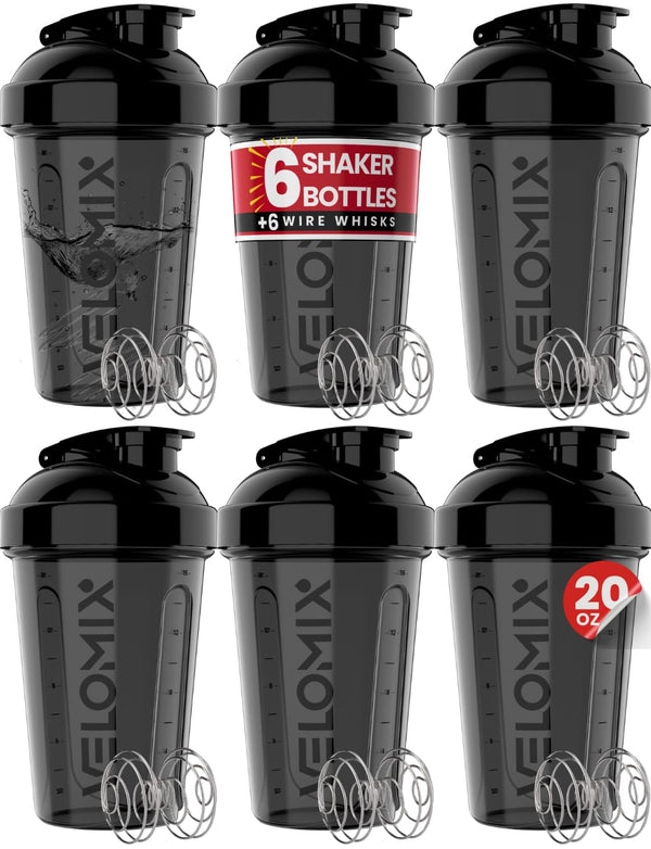 VELOMIX -6 PACK- 20 OZ Protein Shaker Bottles for Protein Mixes, Shaker Cups for Protein Shakes, Small Shaker Bottle Pack, Shaker Cup, Shakers for protein Shakes (20 OZ - 6 PACK BLACK)