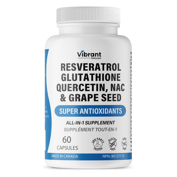 Resveratrol 500mg Glutathione 200mg Quercetin 200mg Grape Seed Extract - Antioxidant Supplement For Women and Men with N-Acetyl Cysteine and Selenium, Made in Canada 60 Capsules