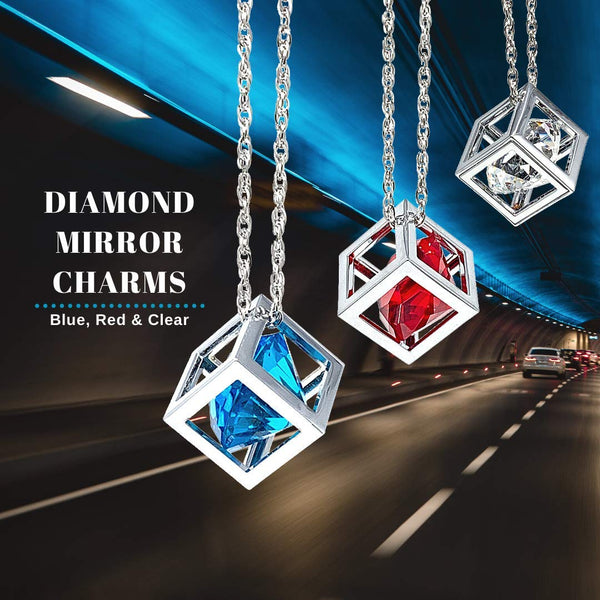 Blue Diamond Cube Crystal Car Rear View Mirror Charms, Bling Car Accessories, Sun Catcher Hanging Ornament w/Chain, Car Charm & Home Decor Ornament (Blue)