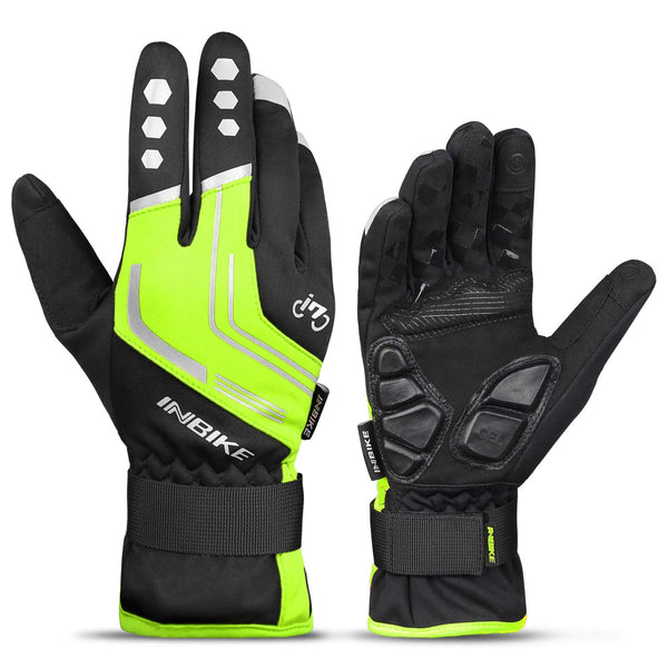 INBIKE Cycling Gloves Mountain Bike Gloves Thermal Gel Pad Gloves Windproof Reflective Full Finger Green X-Large