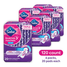 Saba Buenas Noches Overnight Maxi Pads with Wings, Built for Absorption Distribution and Protection, The Ultimate Overnight Feminine Care Pad for Women, 60 Pads 120 Count (6 Packs of 20)