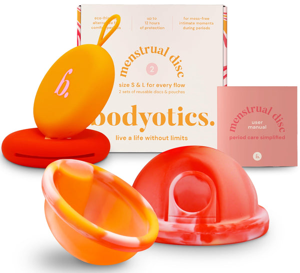 Reusable Menstrual Disc, Wear Up to 12-Hours, Sustainable Period Disc Alternative to Pads and Menstrual Cups - for Light or Heavy Flows, Leak Proof - Small & Large Sizes (Red and Orange)