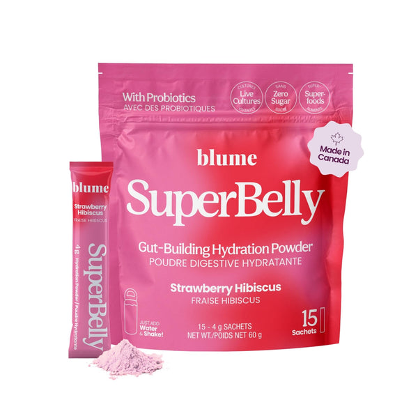 Blume SuperBelly Gut Health Hydration Packets, Made in Canada, Sugar-Free, with Prebiotics, Probiotics, Apple Cider Vinegar, and Electrolytes, Strawberry Hibiscus, 15 Sticks