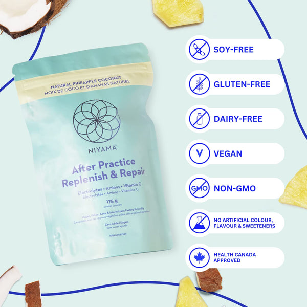 Vegan Electrolyte Powder for Post Workout | NIYAMA After Practice | Made in Canada | Hydrates, Replenishes, Accelerates Recovery, Improves Immunity | Keto-Friendly | Pineapple Coconut (30 Servings)