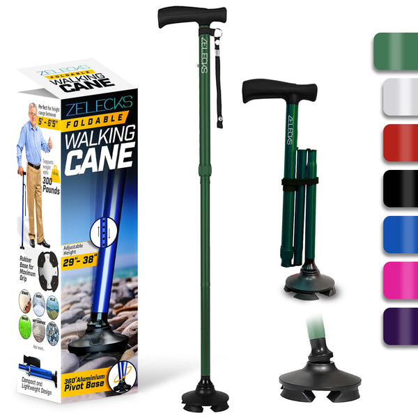 ZELECKS Walking Cane for Women & Men - Self Standing Adjustable Folding Cane with T Handle and 360 Pivot Base - Lightweight Foldable Walking Stick for Seniors - Collapsible Cane for Walking