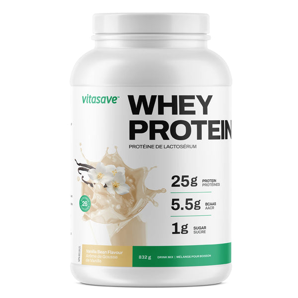 Whey Protein Powder by Vitasave – 100% Whey Protein Powder, 25g Protein Per Serving – Grass-Fed, Gluten-Free, BCAAs, Amino Acids - 26 servings, 858g Tub (Vanilla, Pack of 1)