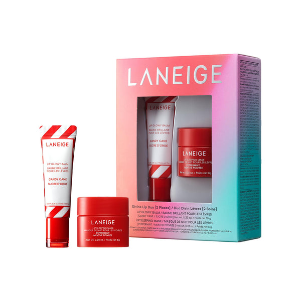 LANEIGE Divine Lip Duo: Lip Sleeping Mask Peppermint Intense Hydration with Vitamin C, Lip Glowy Balm Candy Cane