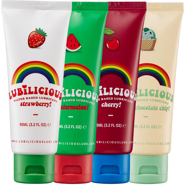 Lubilicious Flavored Lube 4 Pack: Edible Lube & Flavored Lubricants for Privacy – Delicious Flavored Lubes Variety - Cherry, Watermelon, Mint Chocolate Chip & Strawberry