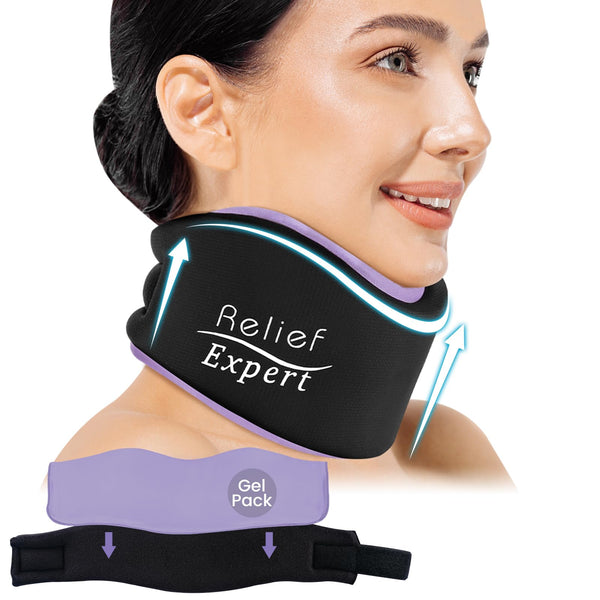 Relief Expert Soft Neck Brace with Neck Ice Pack Wrap, Breathable Cervical Collar with Reusable Hot and Cold Therapy Gel Pack, Adjustable Neck Support Brace for Women and Men, Posture Correct (Purple)