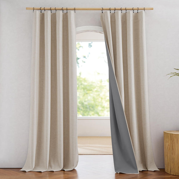 NICETOWN 100% Blackout Natural Linen Curtains 90 inches Length with Thermal Insulated Liners for Bedroom, Farmhouse Style Room Warming Small Window Draperies for Dining Room (2 Panels,52" W)