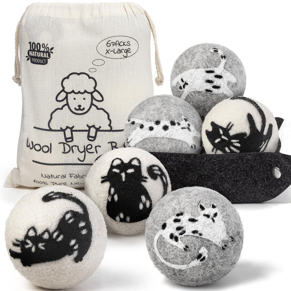 Wool Dryer Balls - Dryer Balls Laundry Reusable - 6-Pack XL Shadow Kitty Wool Balls for Dryer - Wool Balls Replaces Dryer Sheets - Laundry Balls for Dryer- Wool Balls for Dryer