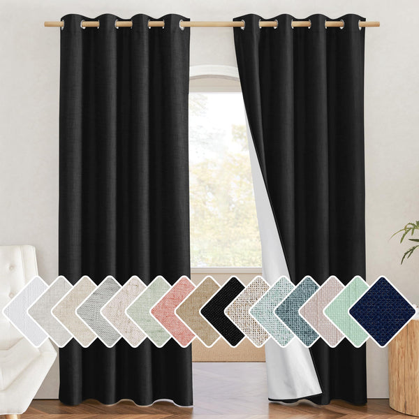 NICETOWN Soundproof Window Curtain 100% Blackout Curtains 84 Inches Long, Vintage Linen Weave Thermal Halloween Curtains for Dining Room, Hall (52" Wide Per Panel, Set of 2, Black)