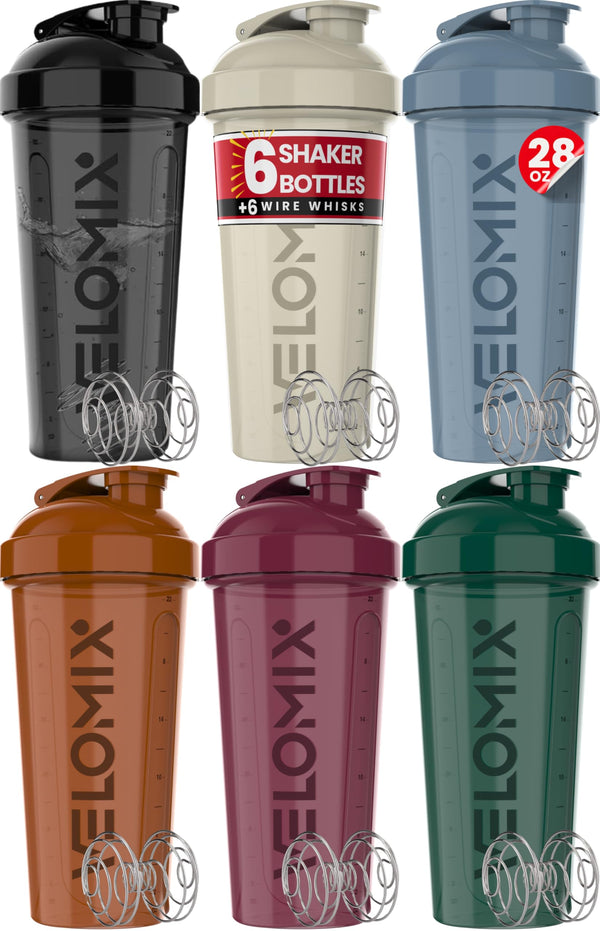 VELOMIX -6 PACK- Shaker Cups for Protein Shakes 28 oz - 6x Wire Whisk | Leak Proof Protein Shaker Bottle for Protein Shakes, Shaker Bottle Pack for Pre & Post Workout, Shaker Cup, Shaker Bottle Cups