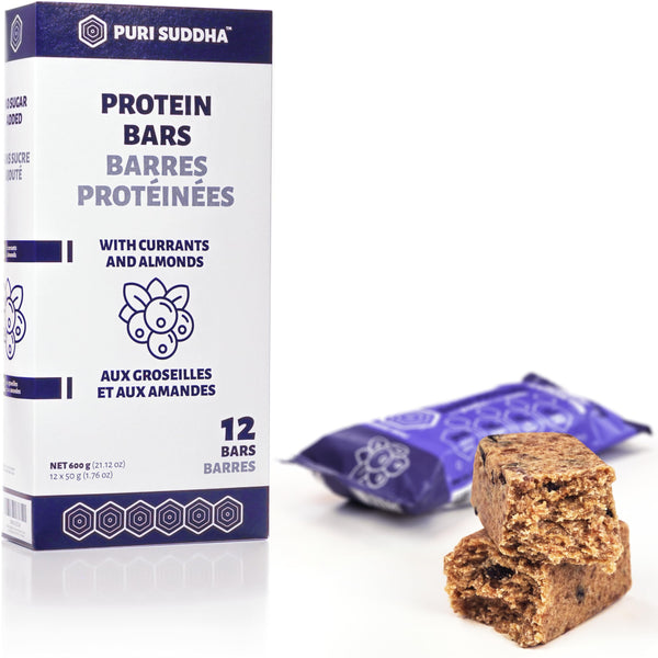 PURI SUDDHA Protein Bars – Currants and Almonds (Pack of 12) – High Protein Snacks, No Sugar Added, Energy Breakfast Bars in Family Package, 600 g