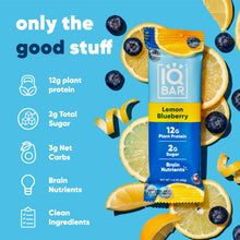 IQBAR Brain + Body Protein Bars, Lemon Blueberry, Keto, Vegan, Paleo Friendly, Low Sugar, Low Net Carb, High Fiber, Gluten Free, No Sugar Alcohols, 12 Count