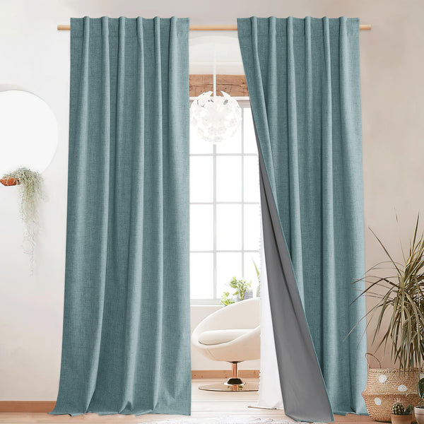 NICETOWN 100% Blackout Skylark Blue Linen Curtains 90 inches Length with Thermal Insulated Liners, Farmhouse Style Room Cooling Small Window Draperies for Dining Room (2 Panels, 52 inches W)