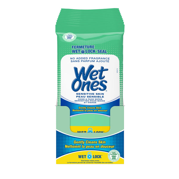 Wet Ones Sensitive Skin Hand Wipes, Unscented, Alcohol-Free Wet Wipes, 20 Count (Pack of 10)