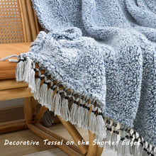 Ultra Soft Cozy Sherpa Throw Blanket, Light Weight Warm Decorative Throw Blanket with Tassel, 2 Tones Ombre Navy Blue Pattern Reversible Boho Style Blanket for Sofa, Couch, Bedroom,Travel, 50”x60”