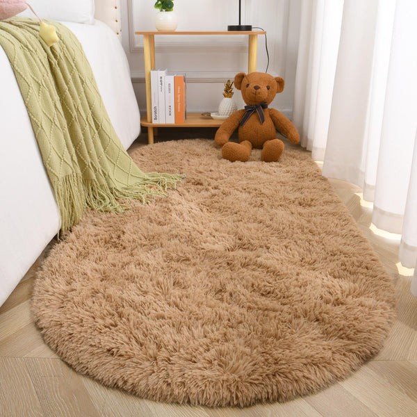 Terrug Fluffy Area Rug for Bedroom Living Room,Soft Oval Girls&Boys Rugs for Kids Room Baby Nursery,Camel Carpet for Dorm Teen's Room-Home Decor Shaggy Plush Throw Rug 2.6 x 5.3 Feet Camel