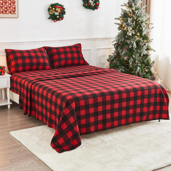 Softan Fleece Full Sheets Set 4-Piece Fuzzy Bed Sets with 15" Deep Pocket Fitted Sheet, Flat Sheet and Pillowcase，Red Buffalo Plaid