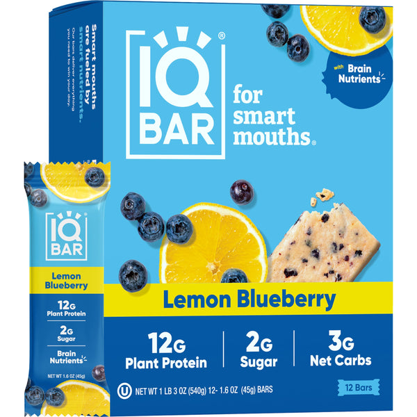 IQBAR Brain + Body Protein Bars, Lemon Blueberry, Keto, Vegan, Paleo Friendly, Low Sugar, Low Net Carb, High Fiber, Gluten Free, No Sugar Alcohols, 12 Count