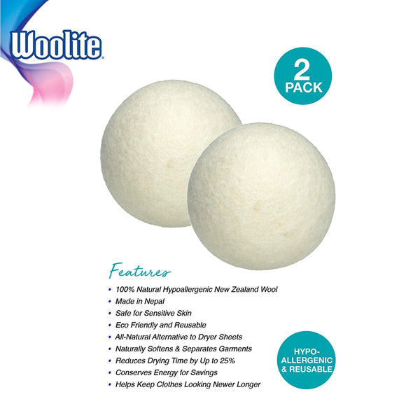 WOOLITE Reusable Wool Laundry Dryer Balls, Cuts Drying Time in Half, Natural Fabric Softener, Reduces Clothing Wrinkles, Eco-Friendly, Money Saver, 2-Pack